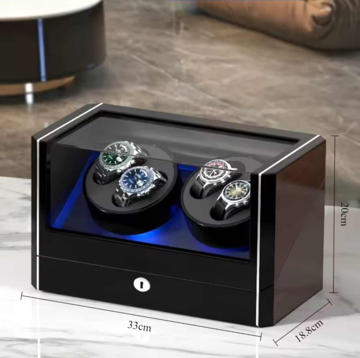 Moderner Uhrenbeweger für 4 Uhren – Schwarz Hochglanz mit LED